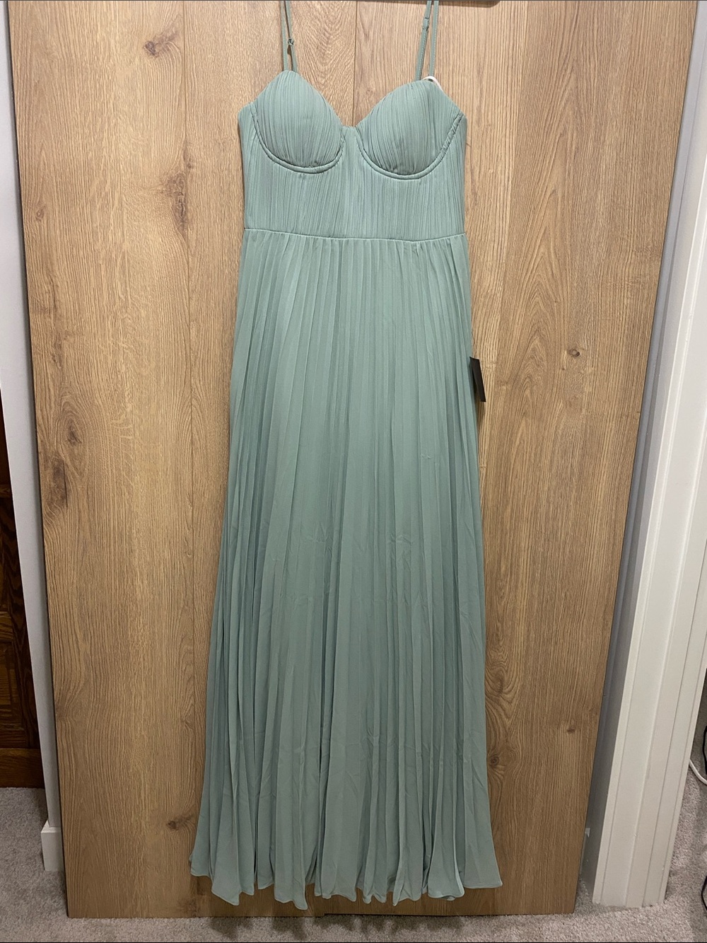 Lulu's Pleated Strapless-Style Maxi Dress in Sage Green